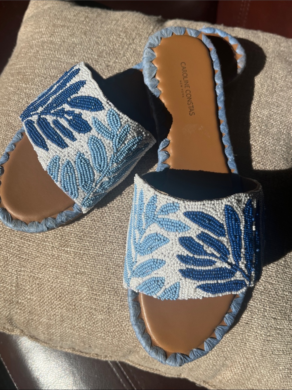 Caroline Constas Blue Beaded 8 1/2 Slide Sandals with Leaf Motif